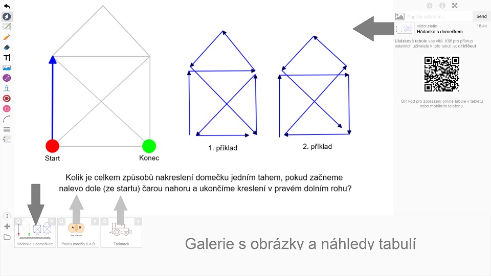 Galerie s obrázky pro prezentaci a náhledy uložených online tabulí