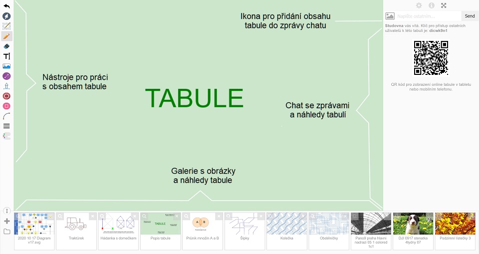 Náhled webové aplikace online tabule (whiteboardu)